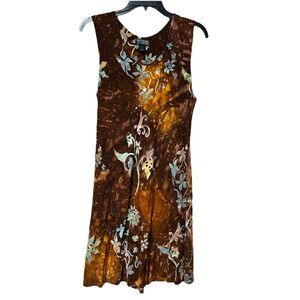 Tropical Tantrum Dress Lg Midi Sleeveless Brown Floral Earthtones Fairy Pullover